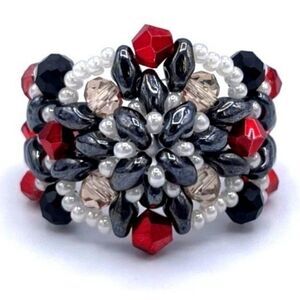 Black with Pearl White and Ruby Red Crystal Beaded Statement Ring Size 8